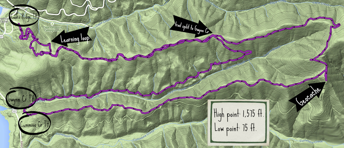 GPS map of the Cooks Ridge trail, Gwynn Creek trail and Cummins Creek trail