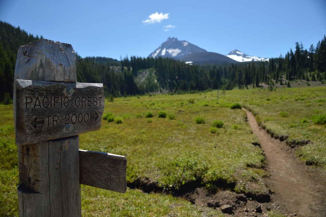 Pacific Crest Trail sign and North Sister Pacific Crest Trail Oregon