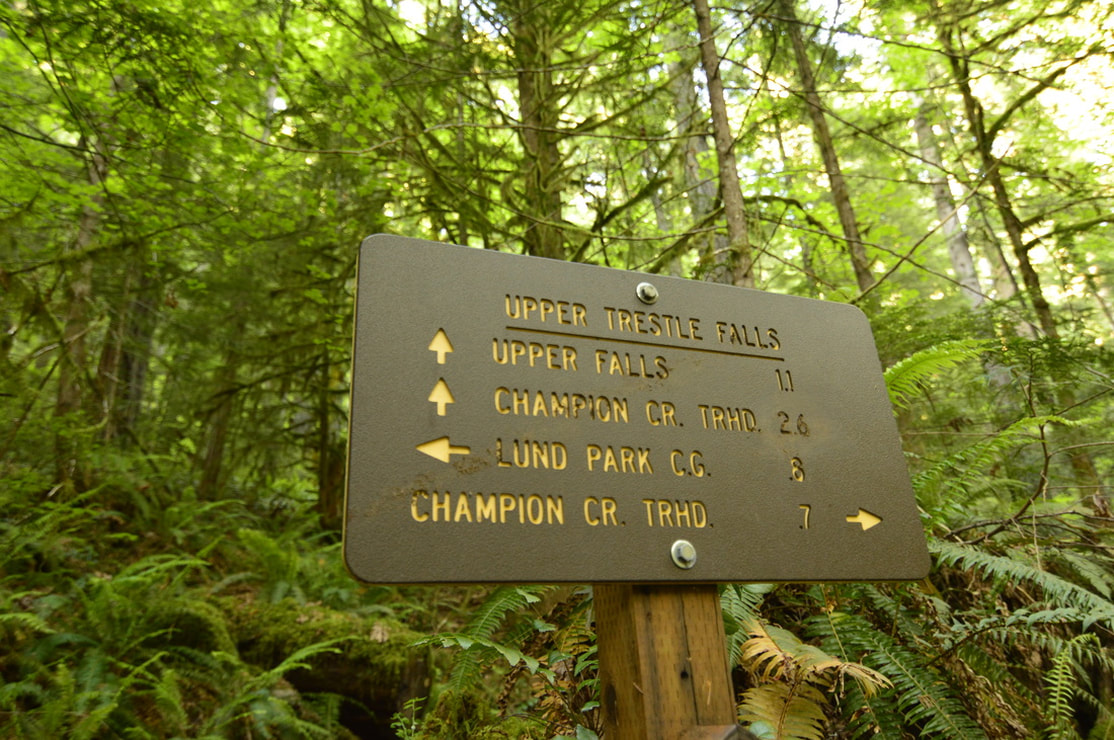 Trail sign for Upper Trestle Creek Falls, Champion Creek trailhead, Lund Park campground
