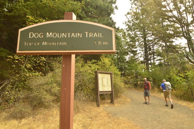 The Dog Mountain trailhead sign